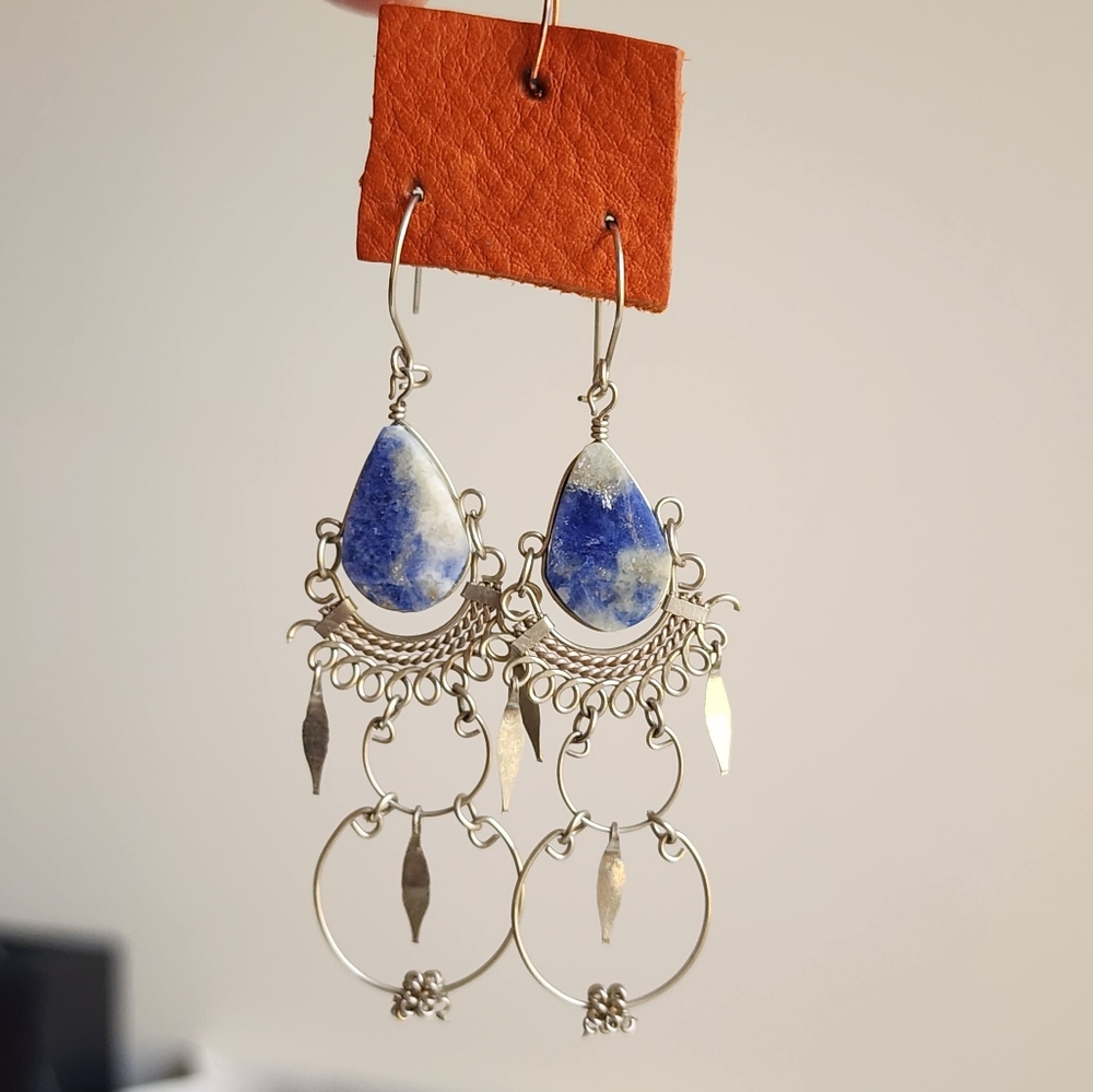 Handmade Intricate Design Dangling Earrings with Stone Center Piece